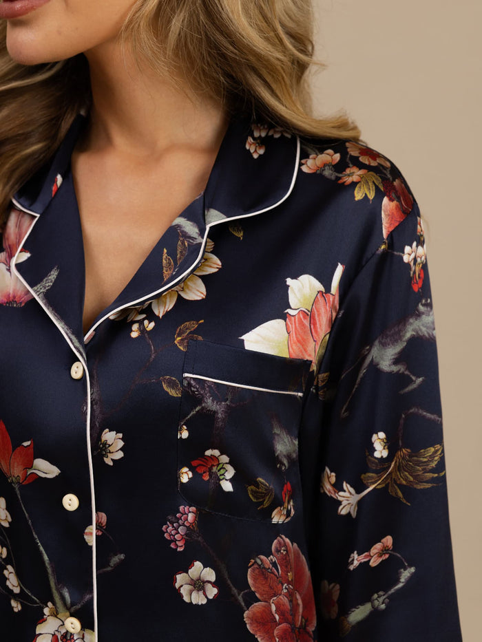 [Navy Floral] SilkSilky  Long Sleeve Lapel Collar Women's Pajamas 006