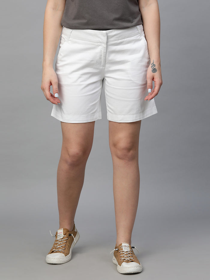 Women's Cotton Elastane Regular Fit Shorts White