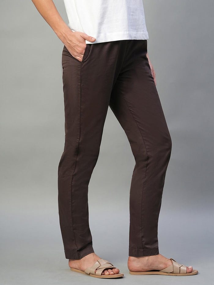 Women's Cotton Lycra Regular Fit Drawstring Pant Brown