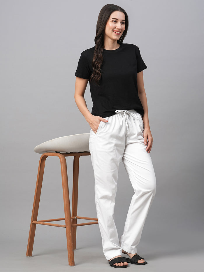Women's Cotton Lycra Regular Fit Drawstring Waist Pants White