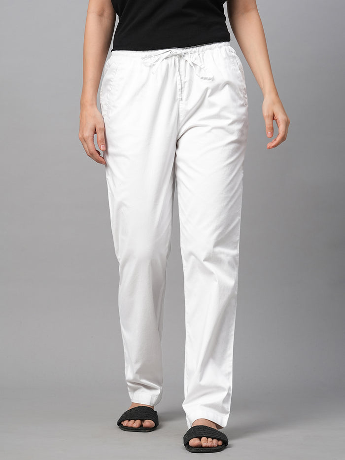 Women's Cotton Lycra Regular Fit Drawstring Waist Pants White