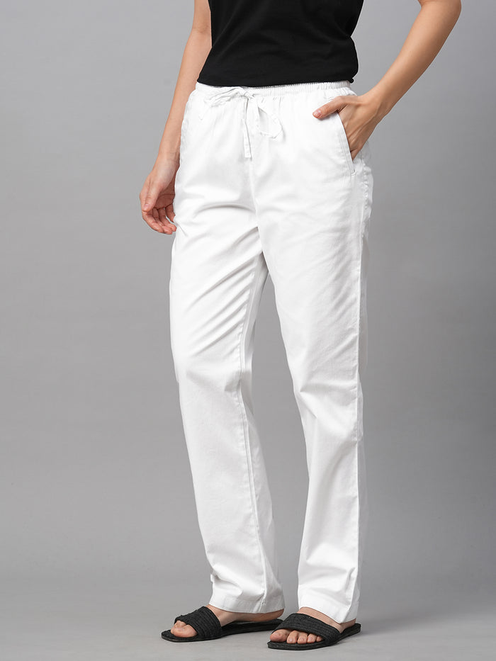 Women's Cotton Lycra Regular Fit Drawstring Waist Pants White