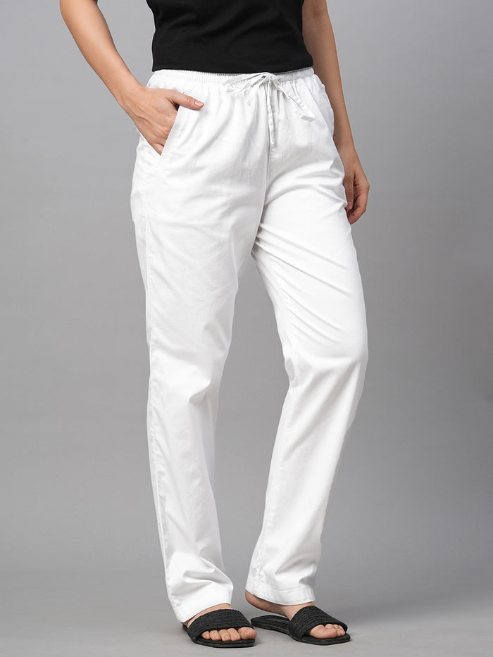 Women's Cotton Lycra Regular Fit Drawstring Waist Pants White