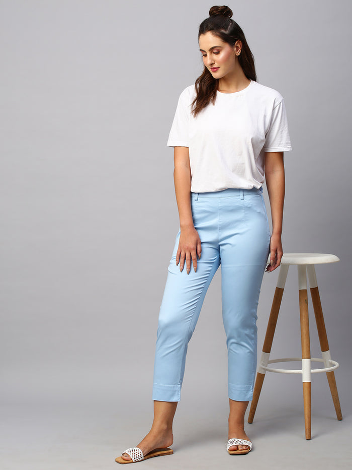 Women's Cotton Lycra Regular Fit Pant Blue