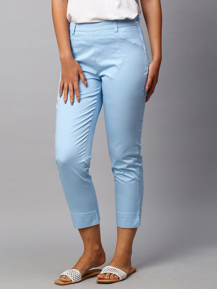 Women's Cotton Lycra Regular Fit Pant Blue