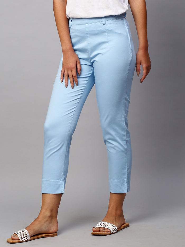 Women's Cotton Lycra Regular Fit Pant Blue