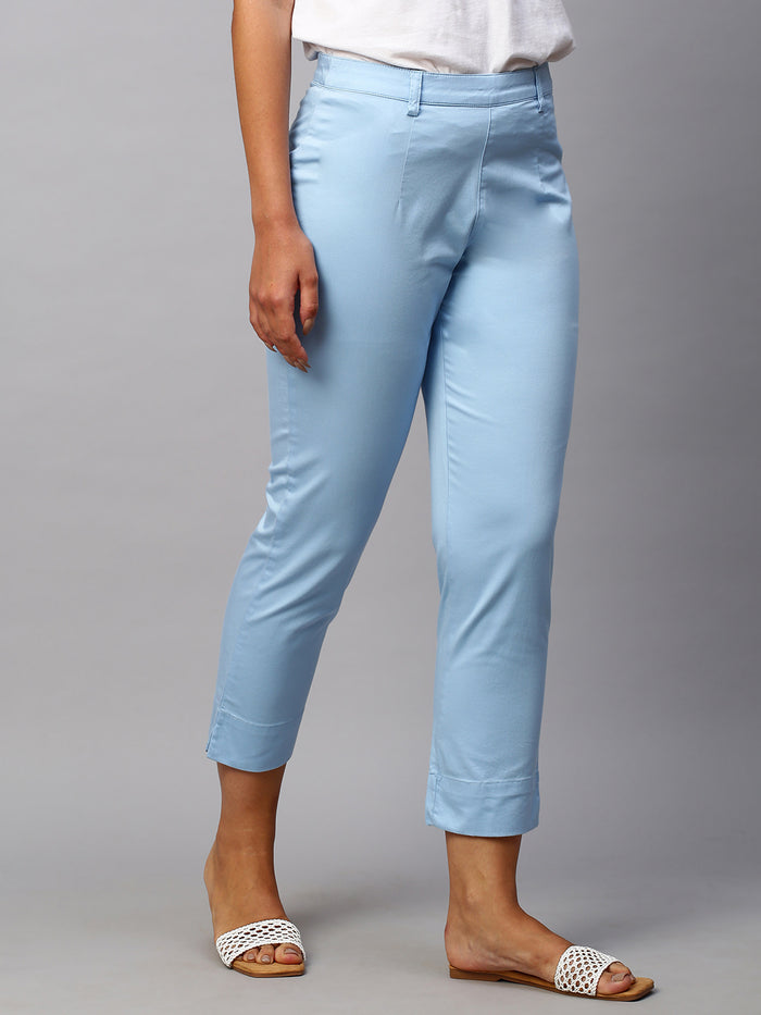 Women's Cotton Lycra Regular Fit Pant Blue
