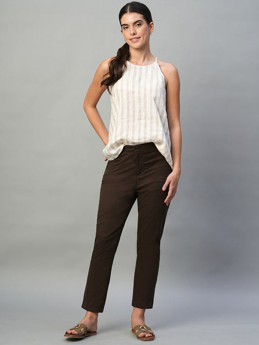 Women's Cotton Lycra Regular Fit Side Pocket Pant Brown