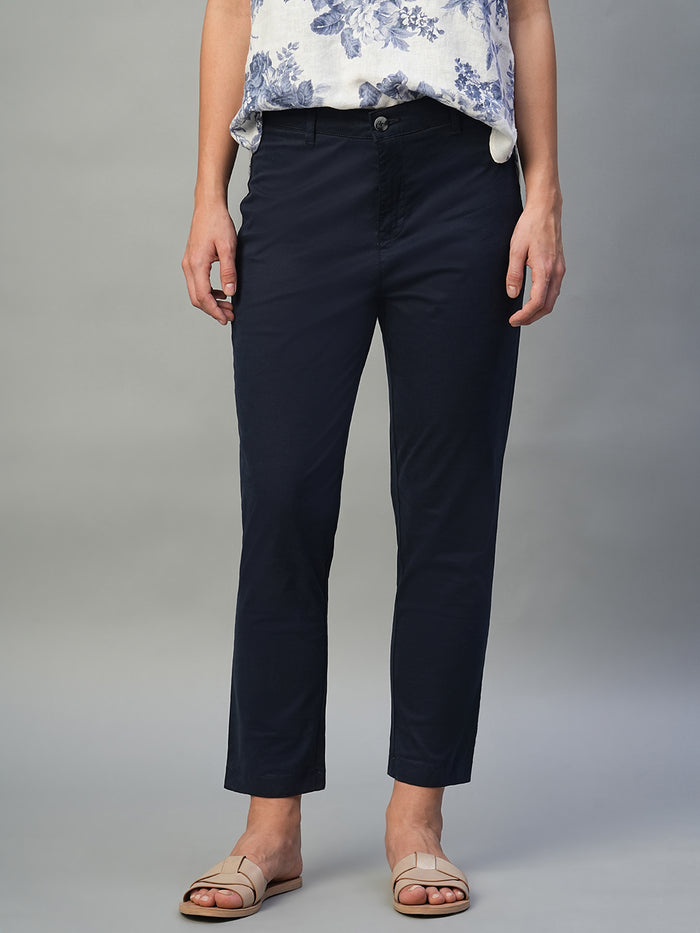 Women's Cotton Lycra Regular Fit Tapered Pant Navy