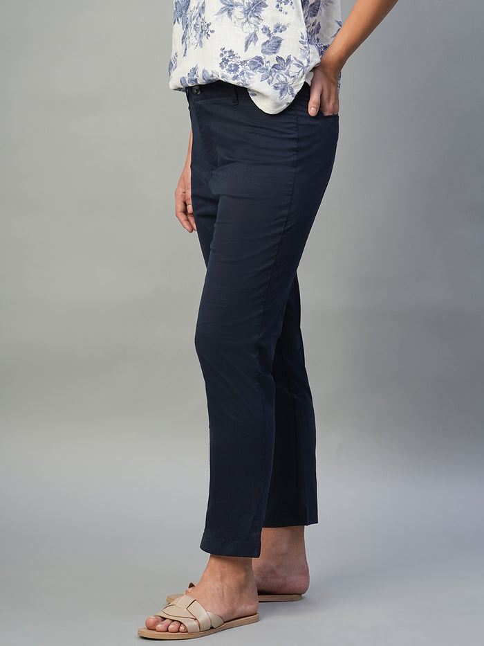 Women's Cotton Lycra Regular Fit Tapered Pant Navy