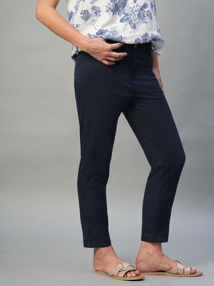 Women's Cotton Lycra Regular Fit Tapered Pant Navy