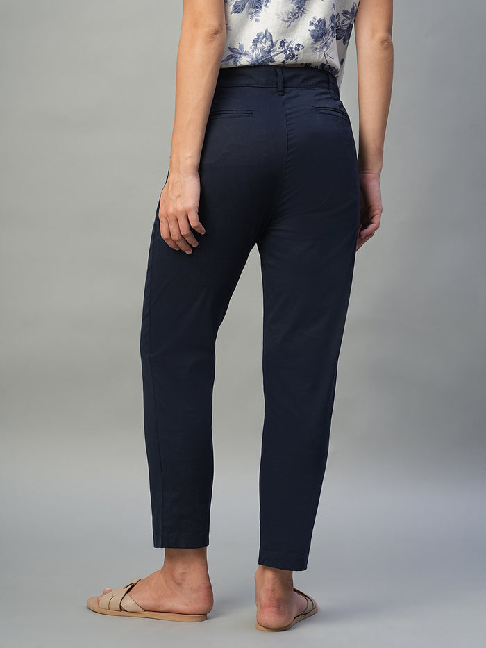 Women's Cotton Lycra Regular Fit Tapered Pant Navy