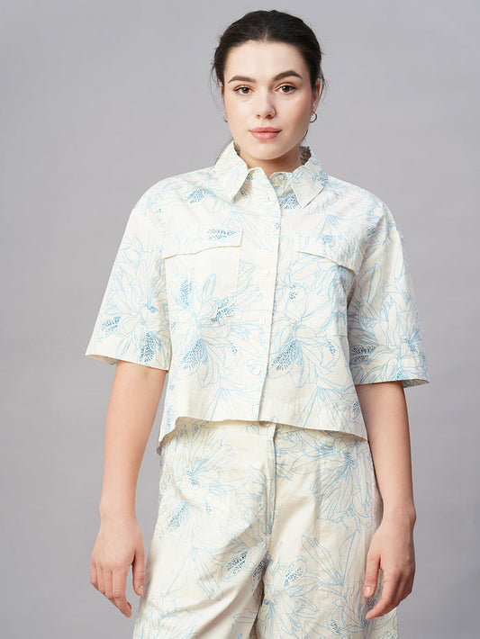 Women's Cotton Regular Fit Cropped Printed Blouse Blue