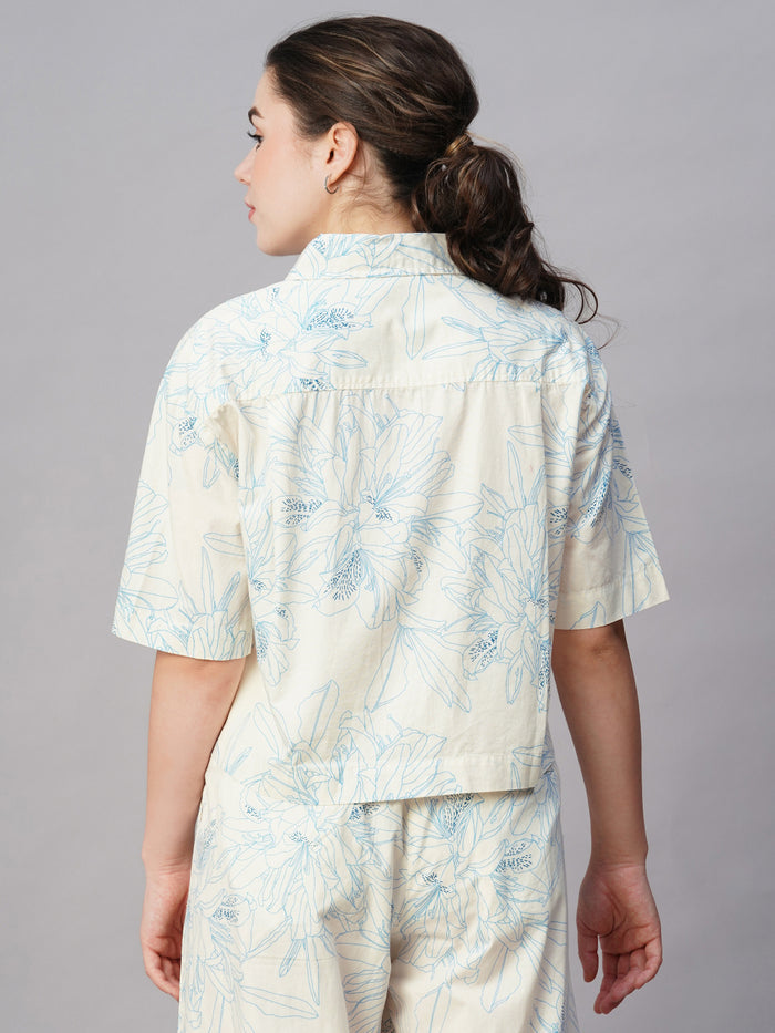 Women's Cotton Regular Fit Cropped Printed Blouse Blue