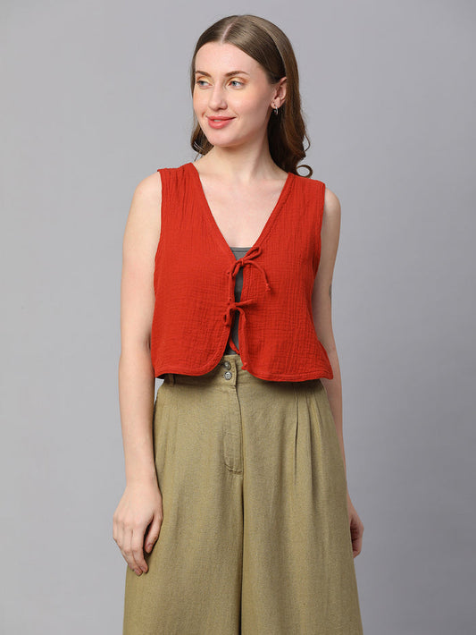 Women's Cotton Regular Fit Waistcoat Rust