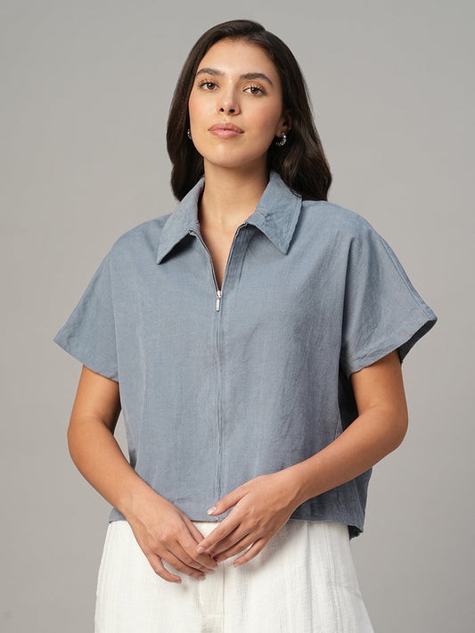 Women's Grey 100% Cotton Regular Fit Blouse