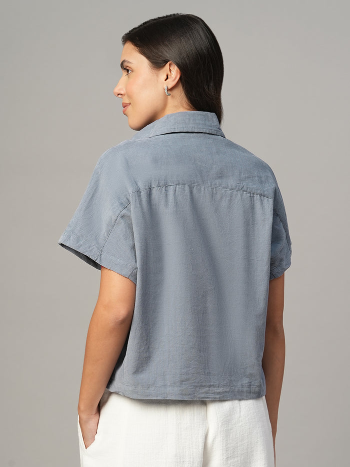 Women's Grey 100% Cotton Regular Fit Blouse