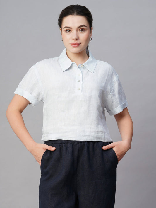 Women's Linen Regular Fit White Patch Pocket Blouse Blue