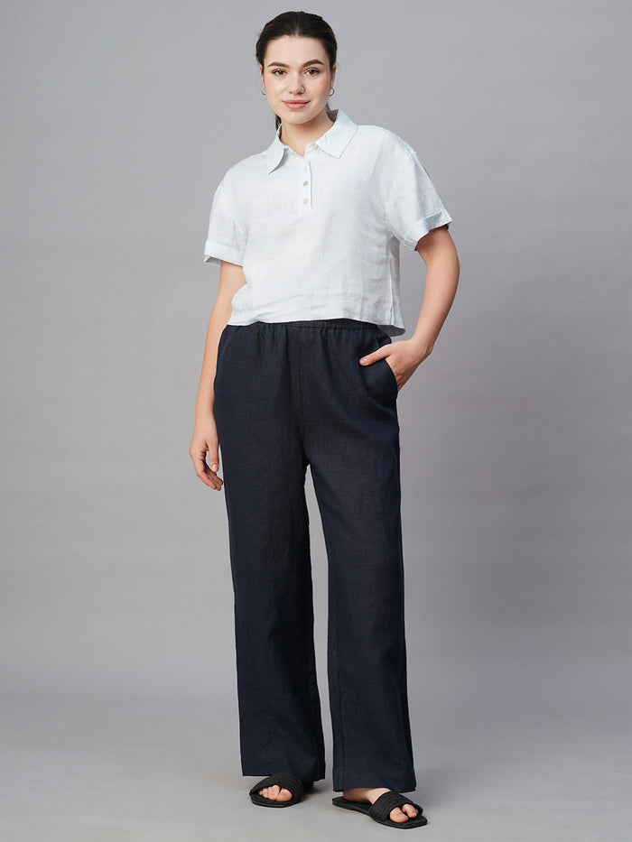 Women's Linen Regular Fit White Patch Pocket Blouse Blue
