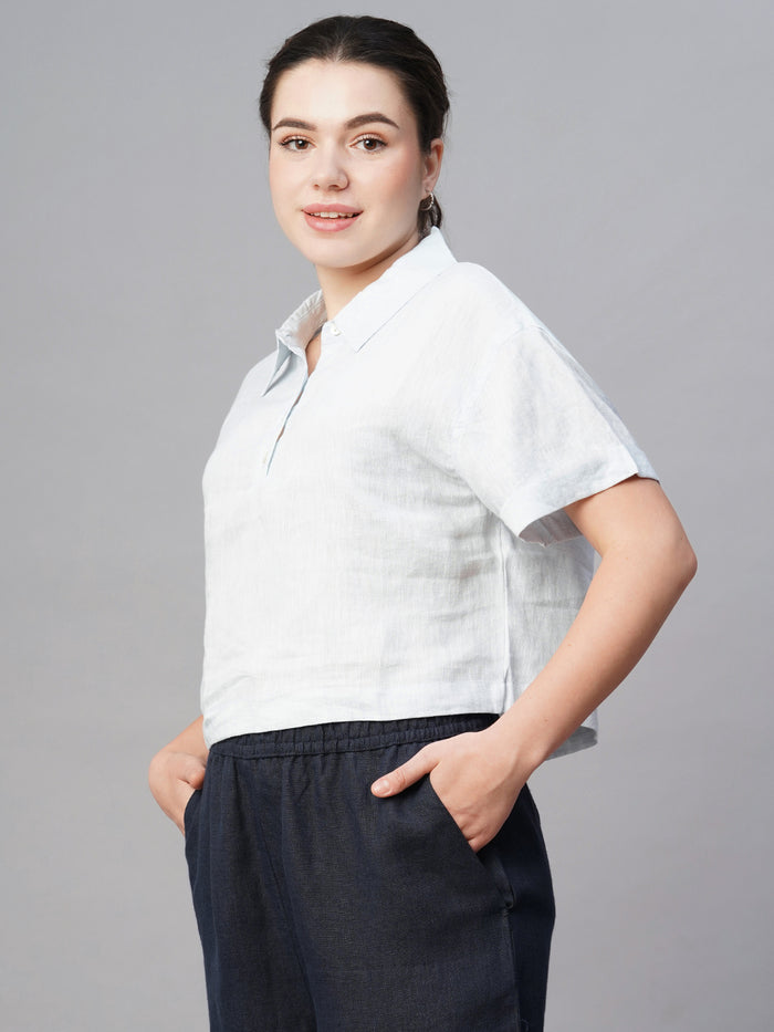 Women's Linen Regular Fit White Patch Pocket Blouse Blue