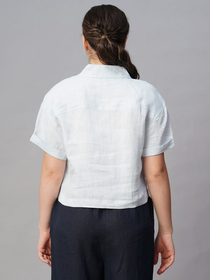 Women's Linen Regular Fit White Patch Pocket Blouse Blue