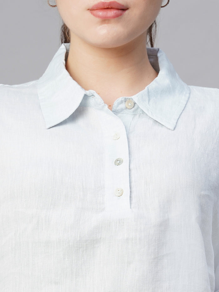Women's Linen Regular Fit White Patch Pocket Blouse Blue