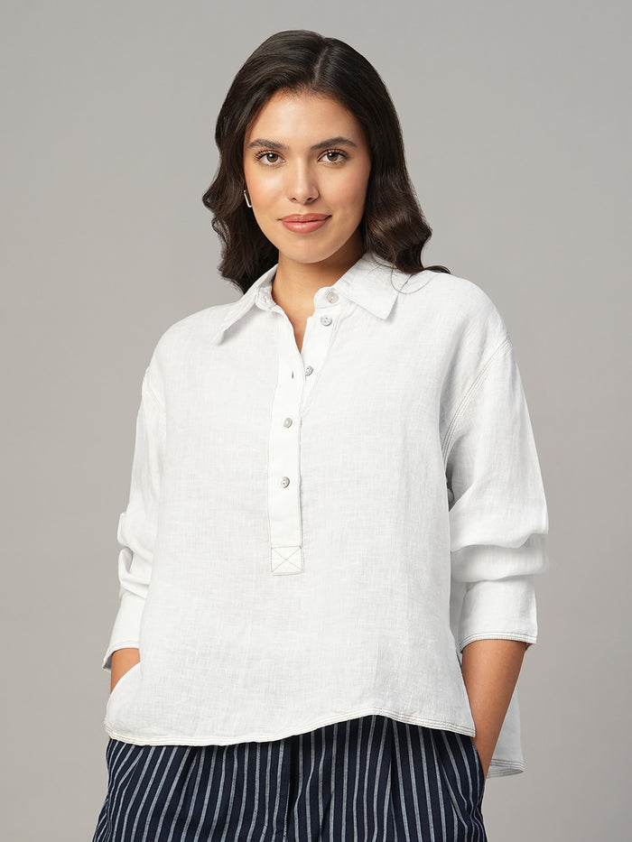 Women's White 100% Linen Boxy Fit Blouse