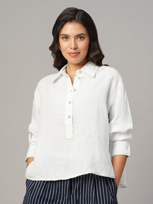 Women's White 100% Linen Boxy Fit Blouse