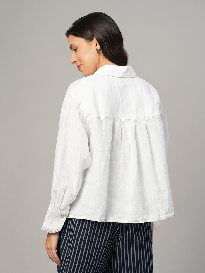 Women's White 100% Linen Boxy Fit Blouse